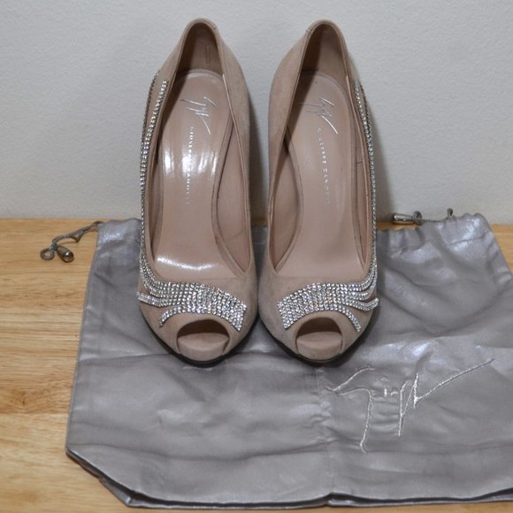 Blush Suede Crystal Peep-toe Pumps by Giuseppe Zanotti SIZE 8 (EU 37.5) - Picture 10 of 11